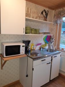 uma cozinha com um micro-ondas e um lavatório em Holmens Boende och Event em Luleå
