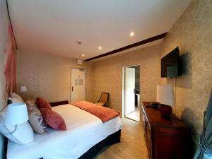 a bedroom with a bed and a desk and a television at Croix Blanche de Sologne in Chaumont-sur-Tharonne