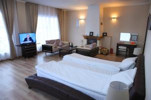 a hotel room with two beds and a flat screen tv at Парк-отель Медвежьи Озера in Medvezh'i Ozera