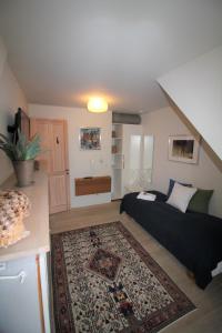 a living room with a black bed and a rug at Odense City B&B in Odense