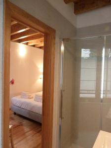 uma casa de banho com chuveiro e uma cama num quarto em L'Auberge de l'éclipse em Bruxelas