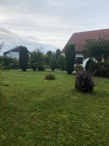 einen Hof mit einem Haus, Bäumen und Gras in der Unterkunft Landhaus in Pförring in Pförring