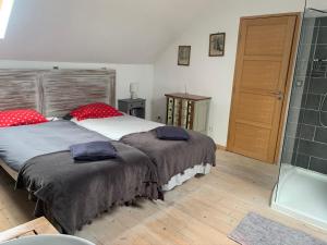 two beds in a room with a shower at Gîtes du Grand Bois in Maubeuge