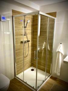 um chuveiro com uma porta de vidro na casa de banho em Hotel & Restaurant Pod Kaštany em Krupka