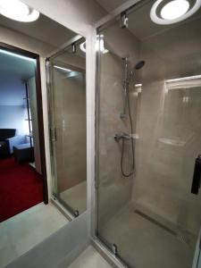 um chuveiro com uma porta de vidro na casa de banho em Noclegi Pod Borem em Kepno