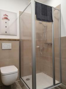 a bathroom with a shower and a toilet at Ferienwohnungen Unter den Eichen in Stade +12 photos