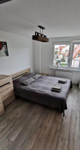 a bedroom with a bed and a large window at Apartament Highway To Hel in Hel
