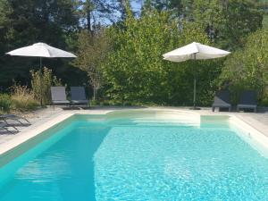 a swimming pool with two umbrellas and two chairs at Chambres d'Hôtes Le Vignaud in Brantôme