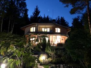een huis 's nachts verlicht met lichtjes bij Luxury Villa Borina in Zheleznitsa