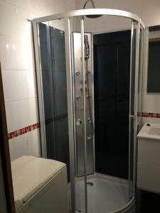 a shower with a glass door in a bathroom at La Vague in Yport