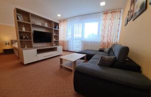 een woonkamer met een bank en een tv bij Stredisko Lipka in Bardejov