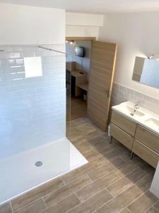 y baño con ducha y lavamanos. en Hôtel Le Plaisance, en Mimizan-Plage