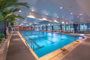 貴陽的住宿－貴陽鉑爾曼大酒店，一座带椅子和树木的大型游泳池