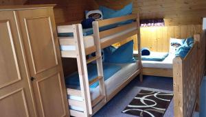Zimmer mit Etagenbett und 2 Etagenbetten in einer Hütte in der Unterkunft Buschhäusl in Filzmoos