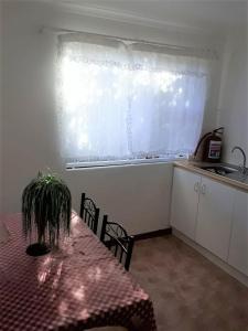 uma cozinha com uma mesa, um lavatório e uma janela em Yonz Self Catering Units em Port Alfred