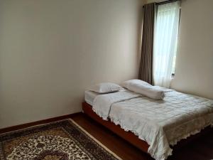 Schlafzimmer mit einem Bett, einem Fenster und einem Teppich in der Unterkunft vila vimala hills in Bogor