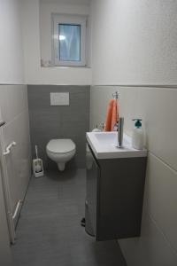 a bathroom with a white sink and a toilet at Ferienwohnung Auszeit Zwiefalten in Zwiefalten +9 photos