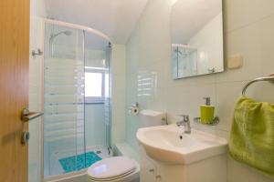 La salle de bains est pourvue d'un lavabo, de toilettes et d'une douche. dans l'établissement Apartments Spalato, à Podstrana