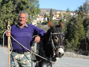 a man is pulling a donkey down a road at Esperando in Maroni