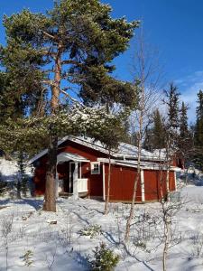 une cabine rouge avec un arbre dans la neige dans l'établissement Baggården fjällby, Messlingen, à Messlingen