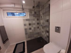 uma casa de banho com um chuveiro, um WC e uma janela. em SAKURA em Fontaine-le-Comte