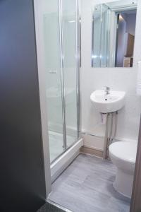 een badkamer met een douche, een toilet en een wastafel bij Castle View in Dudley