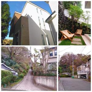 a collage of pictures of a house and a bench at guest house 鎌倉記憶 in Kamakura