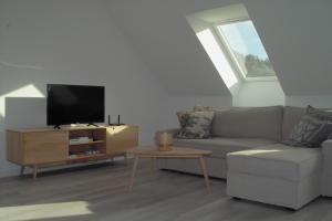 a living room with a couch and a tv at Design Ferienhaus am Plöner See Nahe der Ostsee in Bosau