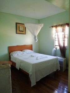 ein Schlafzimmer mit einem großen Bett mit weißer Bettwäsche und einem Fenster in der Unterkunft Ms. Holder's Comfort Villa in Georgetown