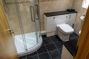 a bathroom with a shower and a toilet at The Windmill Inn in Watchet