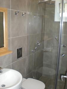 uma casa de banho com um chuveiro, um WC e um lavatório. em Manolis' House em Skiathos Town