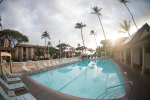 Wonderful Maui Vista-Kihei Kai Nani Beach Condos في كيهي: وجود مسبح في الفندق مع الكراسي والنخيل