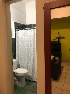 a bathroom with a toilet and a shower curtain at San Juan Metro Host in San Juan