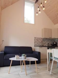 ein Wohnzimmer mit einer blauen Couch und einem Tisch in der Unterkunft Gîte de Beg Menez Le 26 - Gîte à La Forêt-Fouesnant in La Forêt-Fouesnant