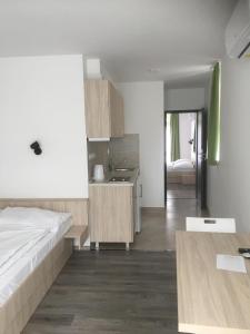 ein Schlafzimmer mit einem Bett und eine Küche mit einem Waschbecken in der Unterkunft Apartmanhotel Baraton*** in Balatonfüred