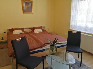 um quarto com uma cama, 2 cadeiras e uma mesa de vidro em Jászay vendégház Parádsasvár em Parádsasvár