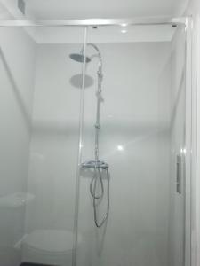 una ducha en una habitación blanca con puerta de cristal en Ecorooms PADRÓN, en Padrón