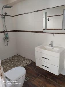 uma casa de banho com um lavatório branco e um WC. em Fotis Apartments em Skála Néon Kydonión