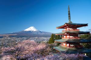 a pagoda with a mountain in the background at Villas Asama no Iori in Fujiyoshida