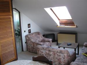 a living room with a couch and a skylight at Privat Apartma Ulrych in Liberec