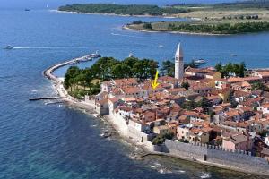 an aerial view of a small island in the water at Apartmani Belvedere in Novigrad Istria