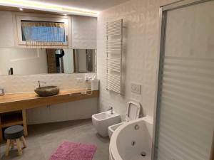 een badkamer met een toilet, een wastafel en een douche bij CASA MONTE DI SOPRA jacuzzi & sauna in Fanano +32 foto's