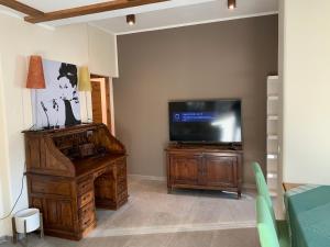 een woonkamer met een televisie en een houten dressoir bij CASA MONTE DI SOPRA jacuzzi & sauna in Fanano