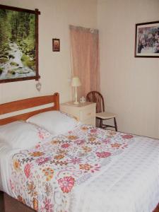 ein Schlafzimmer mit einem Bett mit einer Blumendecke darauf in der Unterkunft Gîte du fourneau in La Forge-Neuve