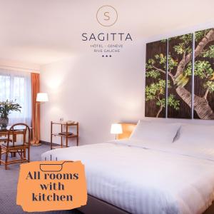 une chambre d'hôtel avec un lit et un panneau indiquant : s sagitta toutes les pièces dans l'établissement Hotel Sagitta, à Genève