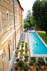 - une piscine avec des plantes en pot à côté d'un bâtiment dans l'établissement Fourvière Hôtel, à Lyon