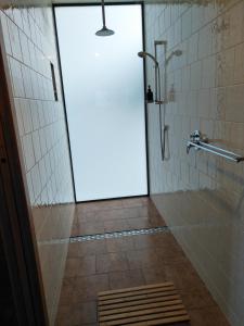 a shower with a glass door in a bathroom at Pine Scrub Beach House in Lughrata