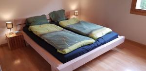 a bed with two pillows on it in a room at Bauernhof Sot Curtegns in Savognin