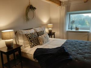 1 dormitorio con cama con almohadas y ventana en Apartament Czar-nów, en Kamienna Góra