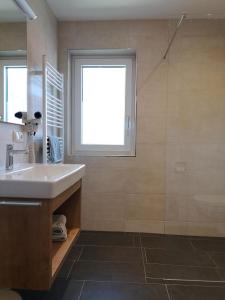 a bathroom with a sink and a window and a shower at Gästehaus Braunegger in Stumm